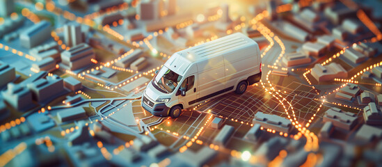 van transporting cargo model on urban city map. service delivery concept background