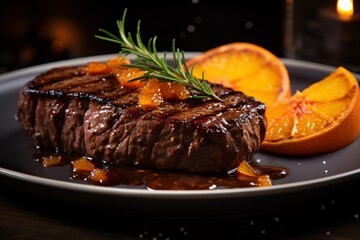 a steak with oranges on a plate