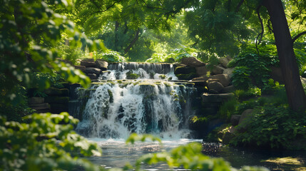 Summer Greenery Framing Waterfall: Highlighting Natural Beauty in Vibrant Seasonal Surroundings
