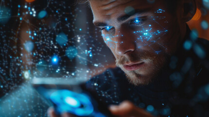 Man Engaged with Virtual Interface on Smartphone.
Young man focused on a smartphone with virtual holographic icons floating above the screen.