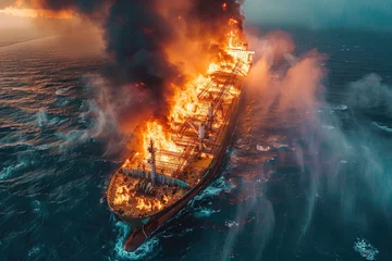 Foto op Canvas Aerial view of burning bulk carrier ship with black smoke © evannovostro