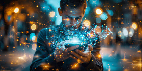 Illuminated Digital Ecosystem Concept via Smartphone.
User holding a smartphone with a vibrant display of interconnected digital particles.