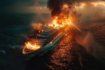 Bird eye view of burning cruise ship under black smoke - obrazy, fototapety, plakaty