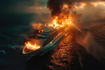 Foto op Plexiglas Schipbreuk Bird eye view of burning cruise ship under black smoke