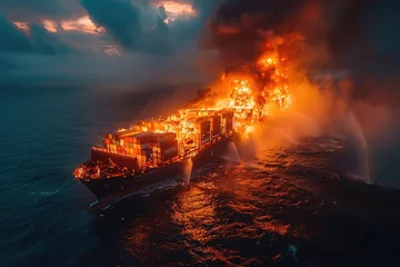 Poster Burning container ship is under black smoke, aerial view © evannovostro