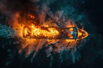 Poster Burning cruise ship with smoke, aerial view © evannovostro