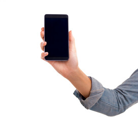 Hand, phone and screen for display in studio, text and mockup space or social media on white background. Person, blank and web or networking for marketing, app and internet or online for advertising