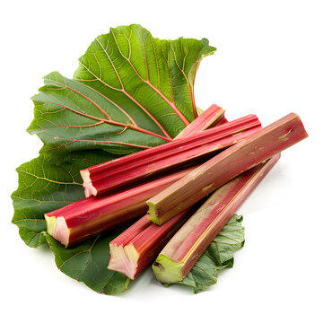 Red rhubarb stems' cuts over rhubarb leaves isolated on white background