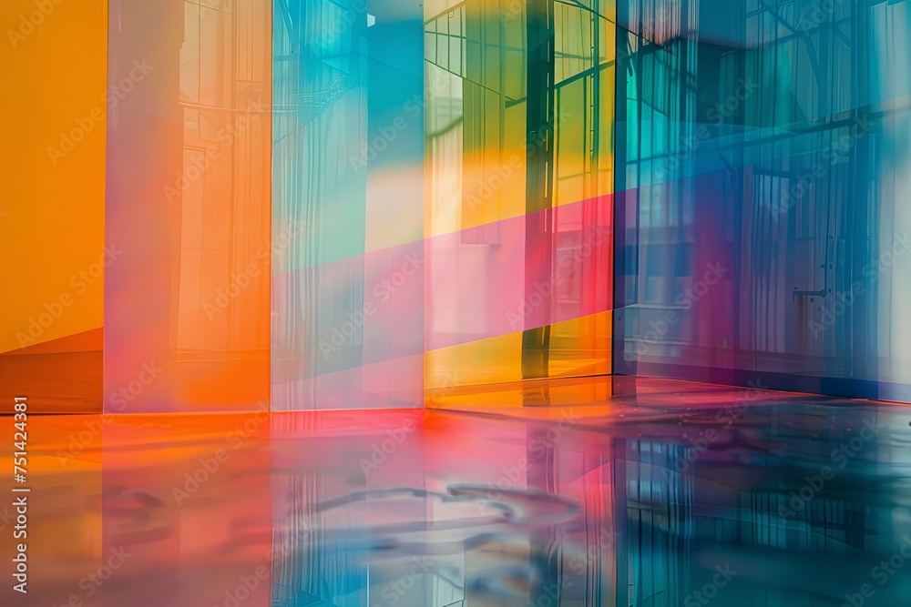 Poster a geometric abstract representation of a building characterized by a vibrant array of colors. genera