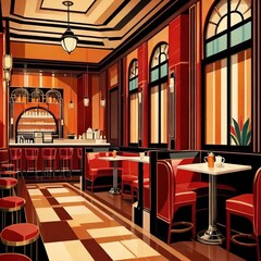 Interior of cafe coffee shop restaurant, retro art deco vintage illustration