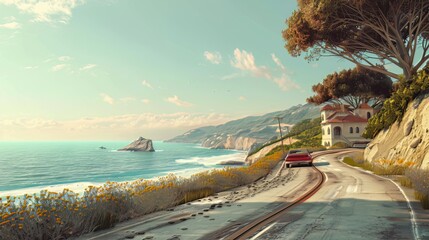 Oceanfront Retreat: An idyllic 3D concept featuring a car journey along a coastal road, where the background showcases a peaceful ocean view, blending the road trip with the serenity of the sea - obrazy, fototapety, plakaty