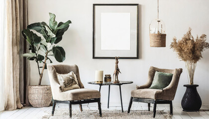Blank picture frame mockup on gray wall, White living room design, View of modern scandinavian style interior with square artwork mock up on wall, Home staging and minimalism concept