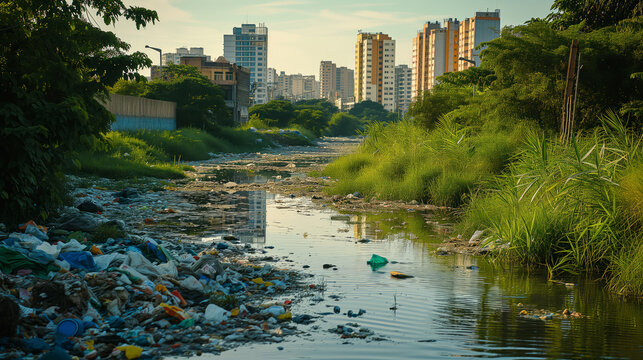 A river polluted with garbage, against an urban background highlighting environmental issues. Ai generative illustration