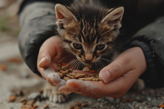 closeup stray kitten eating cat food from person’s hand on the street. human feeding homeless cat