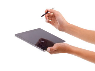 Closeup, hands or drawing on tablet in studio for signature, application form or online document on website. Graphic designer, person or digital pen for writing or creative sketch on white background