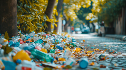 A street littered with an abundance of plastic garbage representing an eco catastrophe. Ai generative illustration