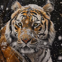 A majestic tiger amidst a serene snowfall capturing its grace