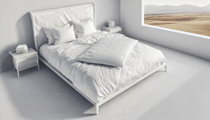 Blank white bed mock up, top view isolated, 3d rendering. Empty blanket and pillows mockup in bedstead. Doss with mattress and bedsheet in place for sleep template. Bedclothes with pilows and duvet