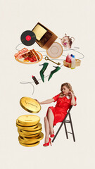 Woman in red dress, sitting surrounded by various objects as food, tv, clothes and coins. Need in balancing lifestyle and finances. Concept of finance accounting, financial literacy, money, savings