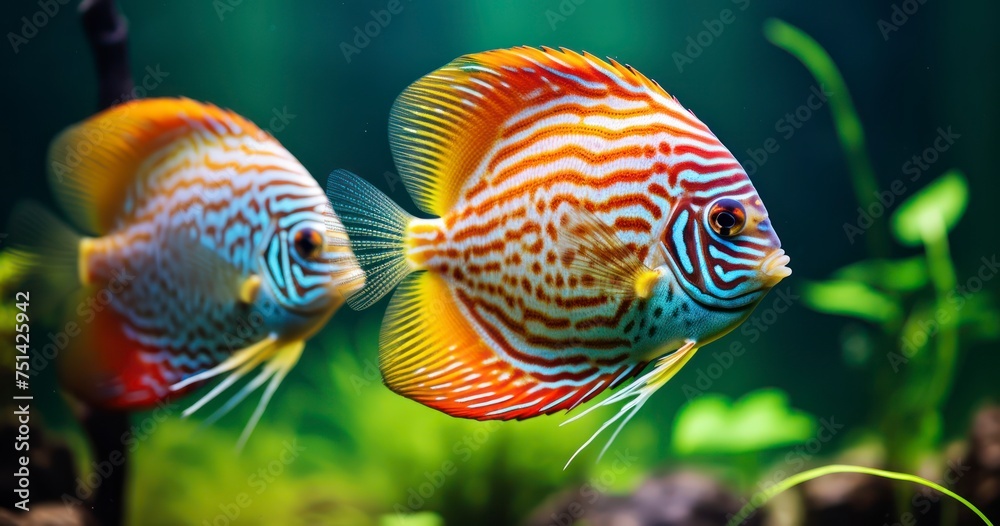 Wall mural the gentle beauty of a symphysodon discus in an aquarium mirroring a green haven