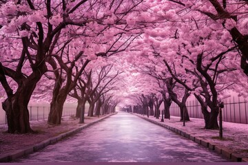 a road with pink trees