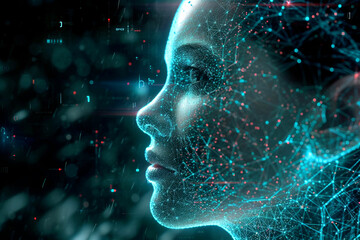 Concept illustration of the computing singularity using human face. AI becoming conscious - obrazy, fototapety, plakaty