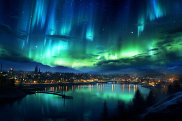Beautiful Aurora lights in starry night sky over the city. Aurora borealis over the sky at islands. Night winter landscape with colorful scene, night of city with light.