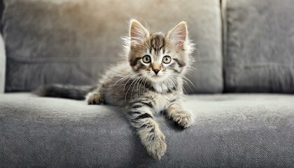 cat on grey sofa 