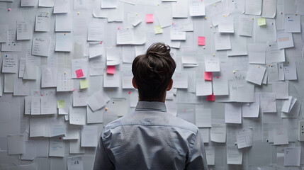 Managing deadline tasks: Businessman's perspective from behind as he checks weekly plan on large wall with paper notes, emphasizing work efficiency concept.