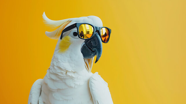 
White cockatoo parrot with sunglasses in close-up. Domestic pet bird against solid pastel yellow background.