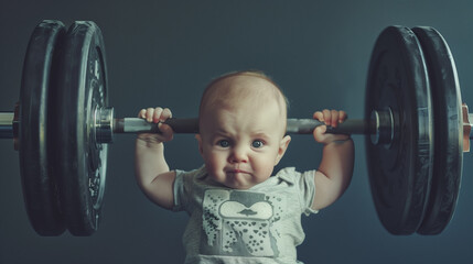 Baby, Infant lifting a heavy barbell with a humorous twist against a dark background. - obrazy, fototapety, plakaty