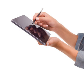 Closeup, hands or writing on tablet in studio for signature, application form or online document on website. Graphic designer, person or digital pen for drawing or creative sketch on white background