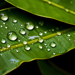 Macro shot of water droplets on a leaf.