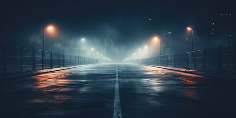 Midnight road or alley with car headlights pointed this way. Wet, hazy asphalt road with construction metal fences on both sides. drag race, crime, midnight activity concept.