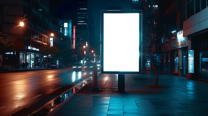 Mockup of a white vertical advertising banner billboard stand on the sidewalk illuminated at night. - obrazy, fototapety, plakaty