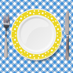 Yellow dish with pattern of chaotic white pattern placed on blue check classic table cloth - 751427714