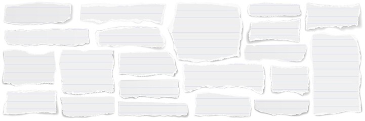 Elongated collage of scraps of lined paper.  - 751427725