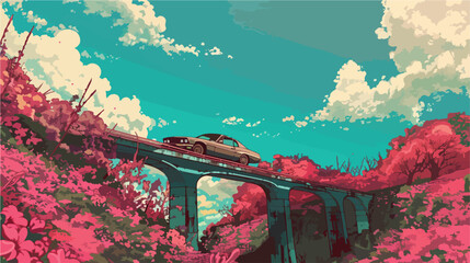 Illustration with bridge, car, and flowers.