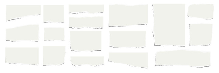 Elongated horizontal set of torn pieces of paper isolated on white background. Paper collage. Vector illustration.