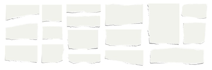 Elongated horizontal set of torn pieces of paper isolated on white background. Paper collage.