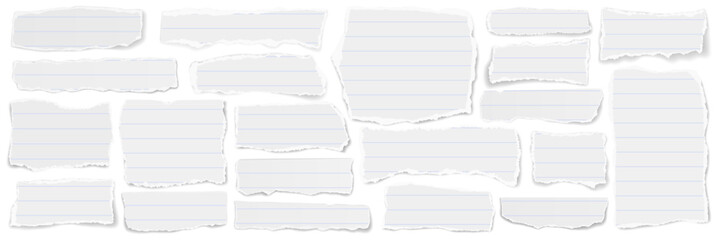 Elongated collage of scraps of lined paper. Vector illustration.