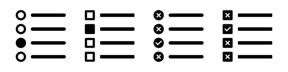 Tick the correct option quiz vector illustration in black color. Online exam quiz test with checkmark icons. To do list with checkboxes right wrong symbols in black color isolated on white background. - obrazy, fototapety, plakaty