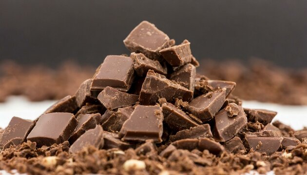 Chopped Chocolate Pile: Crisp and Tempting, Against a Clean White Backdrop"