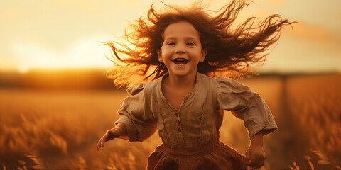 Young child with flowing hair running freely through a field at sunset, full of joy