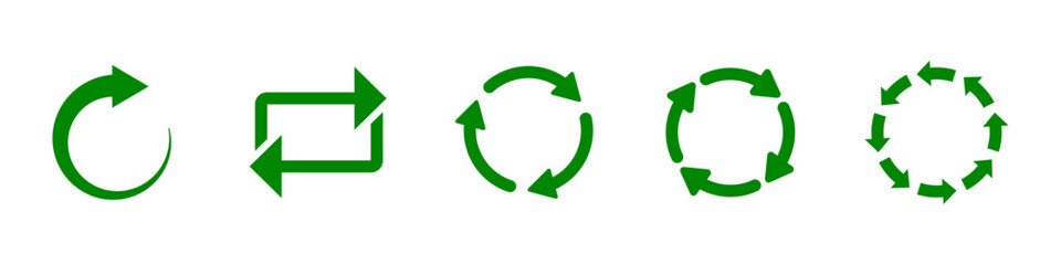 Circular recycling symbol set in green color. Circle recycle arrow icon set. Circular recycle, reuse, reload, refresh, repeat icon set in green color isolated on white background.