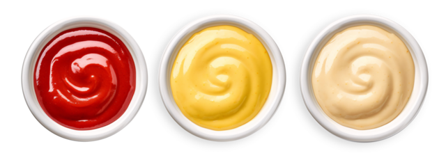 Mayonnaise, mustard and tomato sauces in white bowls. File contains clipping path. Transparent Background