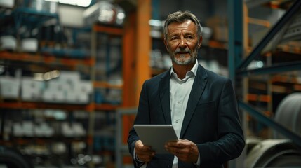 Mature businessman holding tablet in a factory