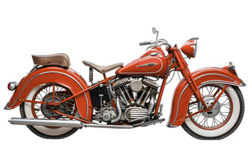 Profile of a vintage motorcycle with classic design elements, isolated on a white backdrop