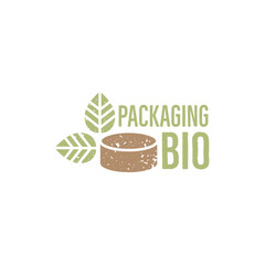 Cabilock Round Wooden Box with green leaf icon. Biodegradable, compostable. Eco friendly material production. Nature protection concept. Vector Illustration, editable strokes