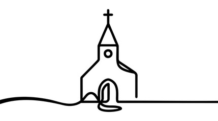 church continuous line. one line drawing of church, christian religious place of worship. line art of church isolated white background